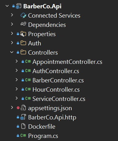 The BarberCo.Api .NET project structure in the Solution Explorer