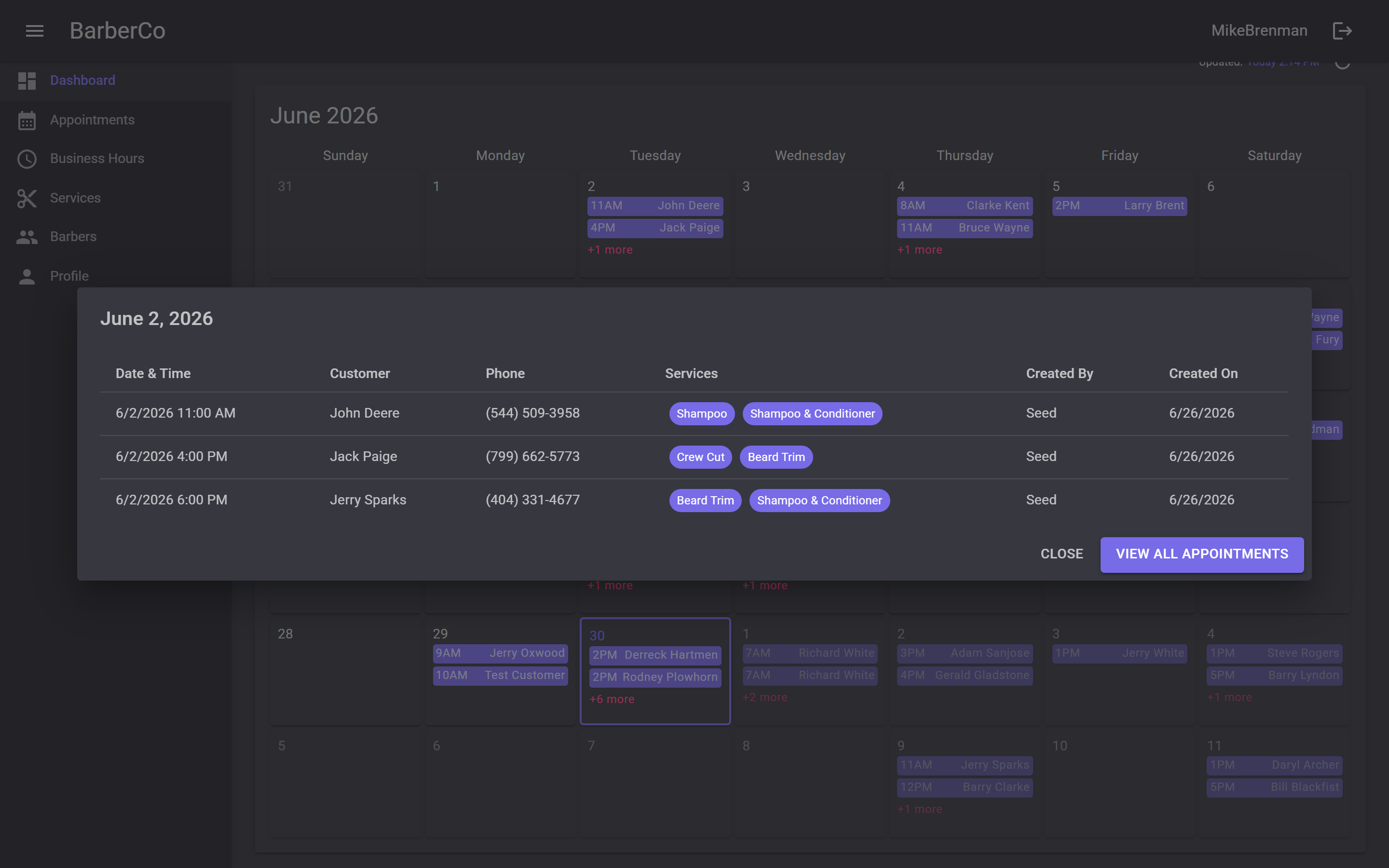 A day-detail modal showing all appointments for June 30, 2026