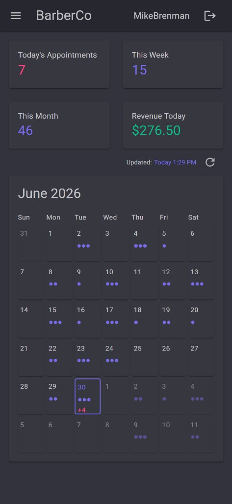 The BarberCo dashboard on a mobile phone showing stacked summary cards and a compact calendar