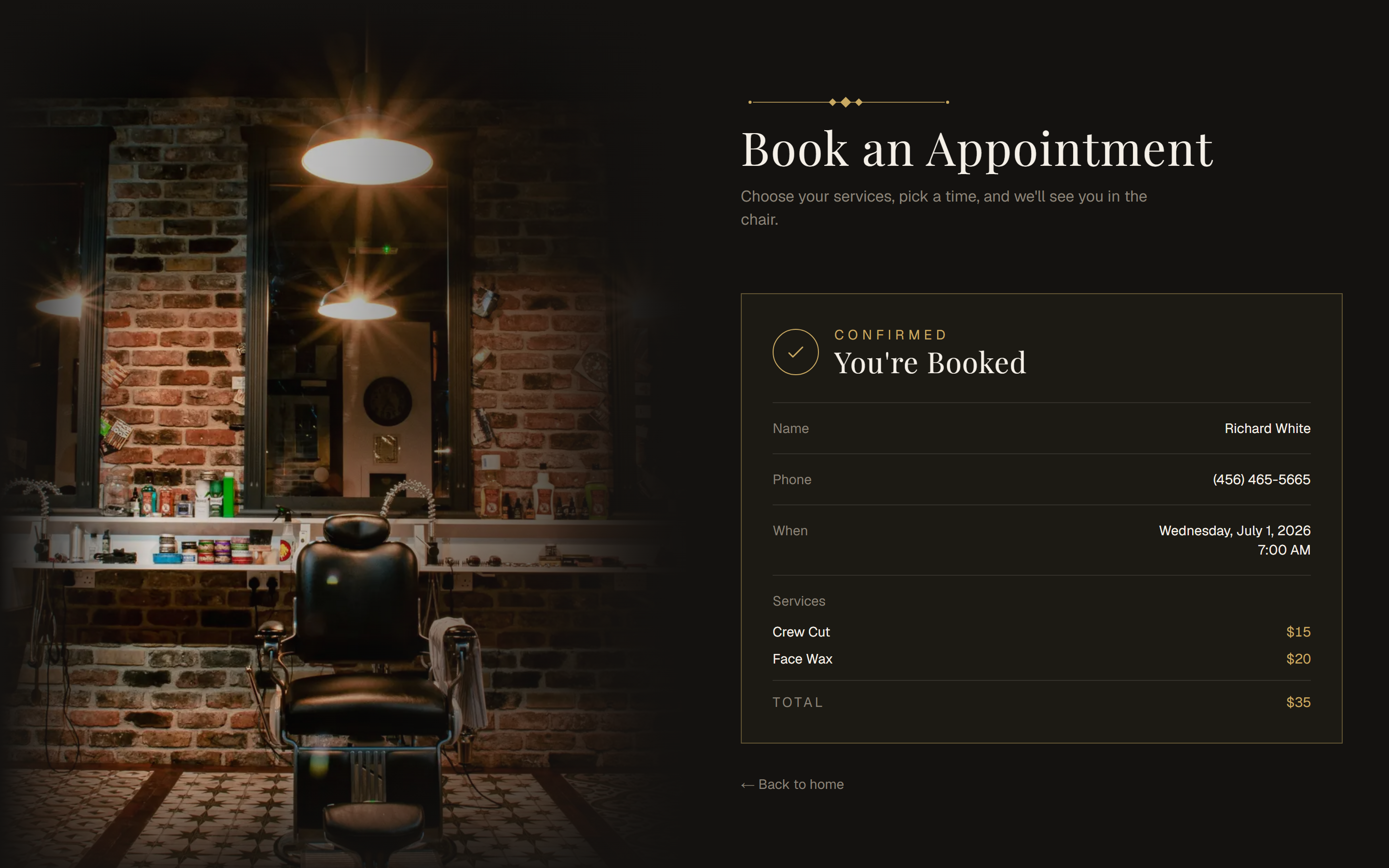 The confirmed appointment summary showing customer, time, services and total
