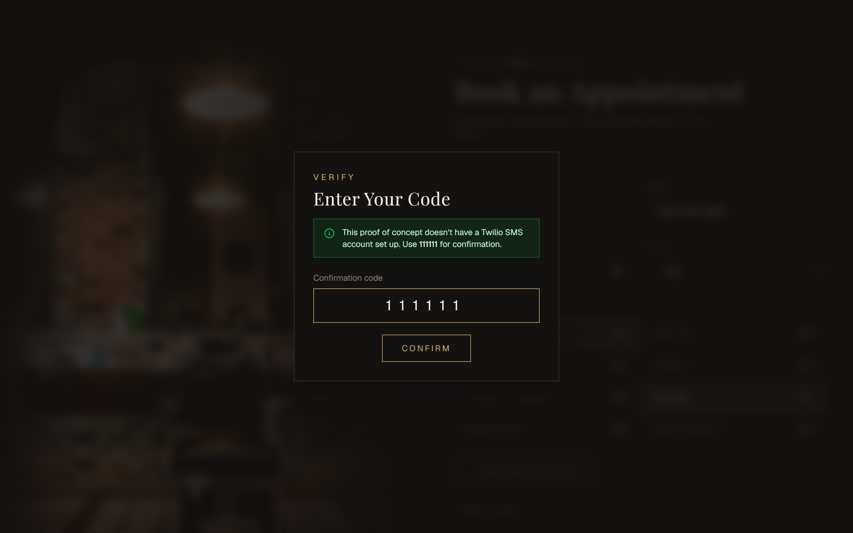 The SMS verification step asking for a 6-digit confirmation code